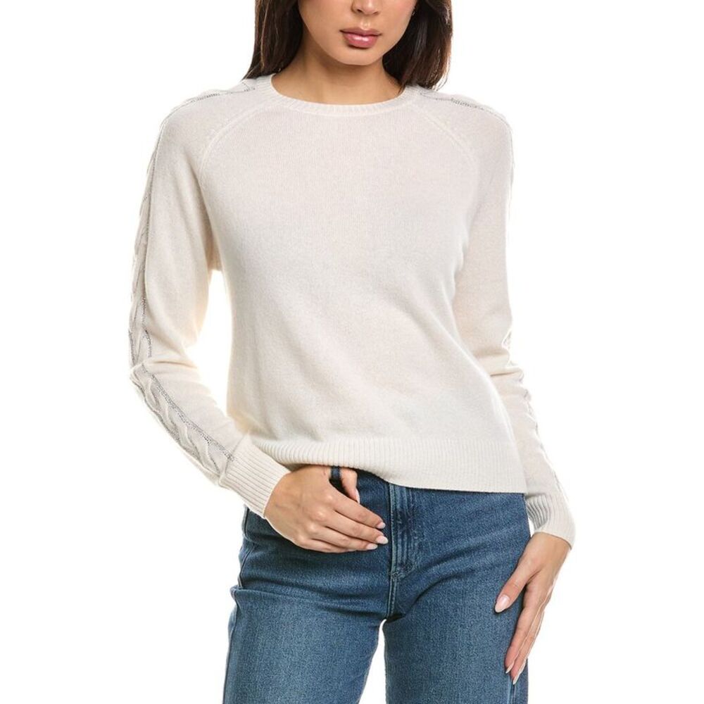 Brodie Cashmere Womens  Crystal Cable Sleeve 100% Cashmere Sweater, White
